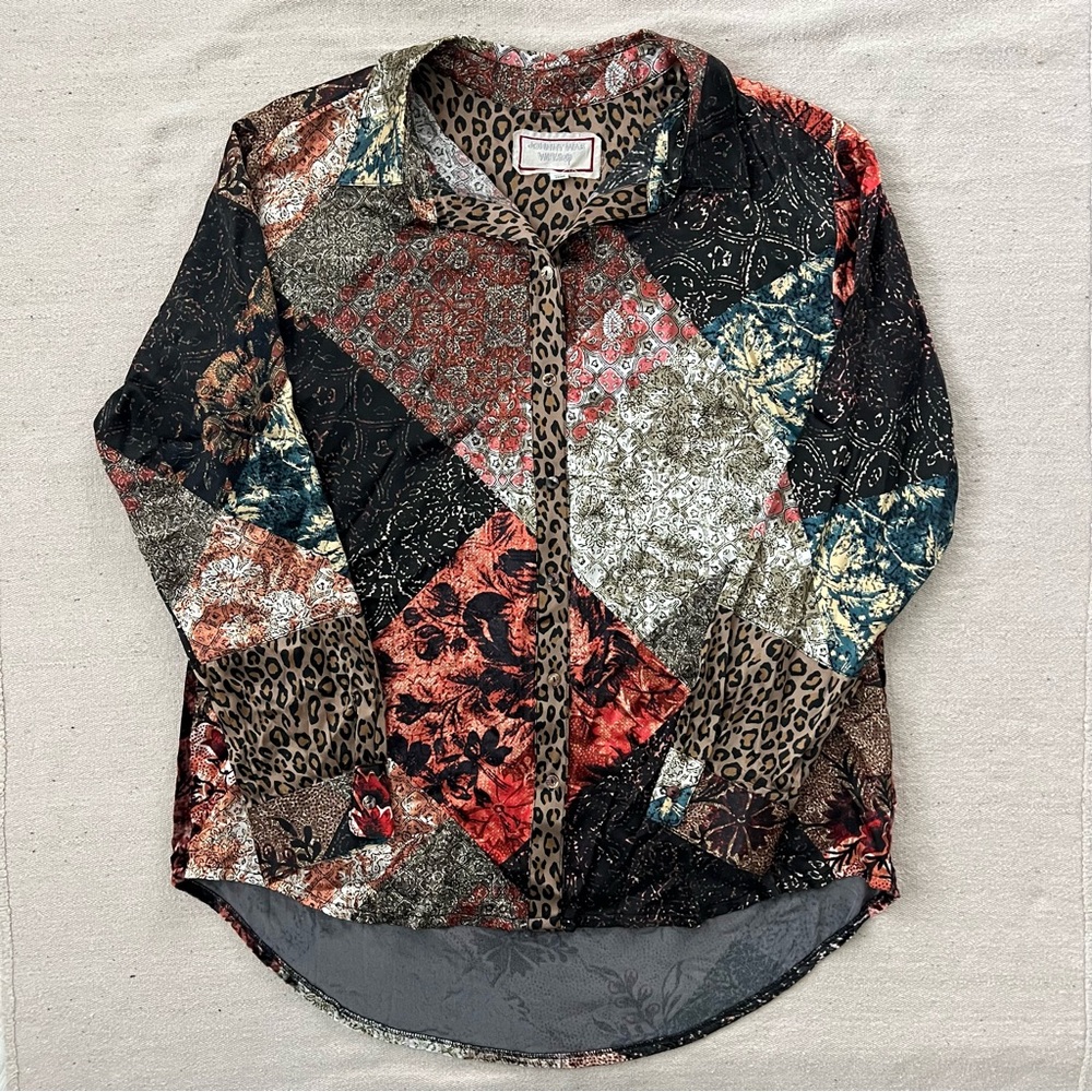 Johnny Was Workshop Mabel Velvet Back Shirt Tunic Blouse Art Boho 100% Silk MD